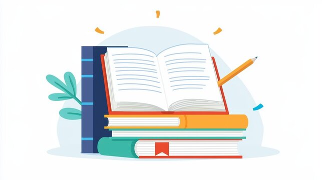 Colorful Stack of Books with Open Pages and Stationery Accessories