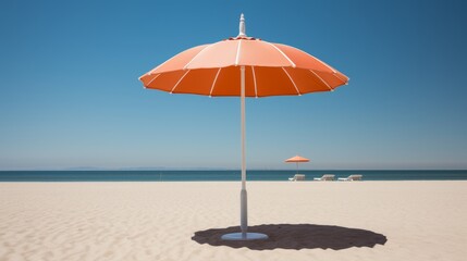 Fototapeta premium A minimalist image of a sun drenched beach with a single, colorful beach umbrella casting a shadow on the white sand.