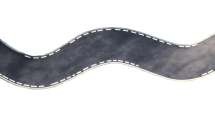 Turn of asphalt road, top view, cut out isolated on transparent background 