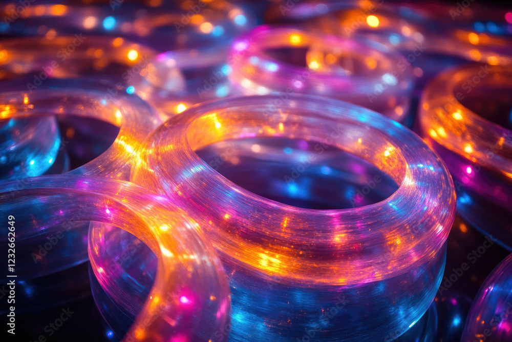 Poster Vibrant, glowing translucent rings intertwine, creating a mesmerizing display of light and color.