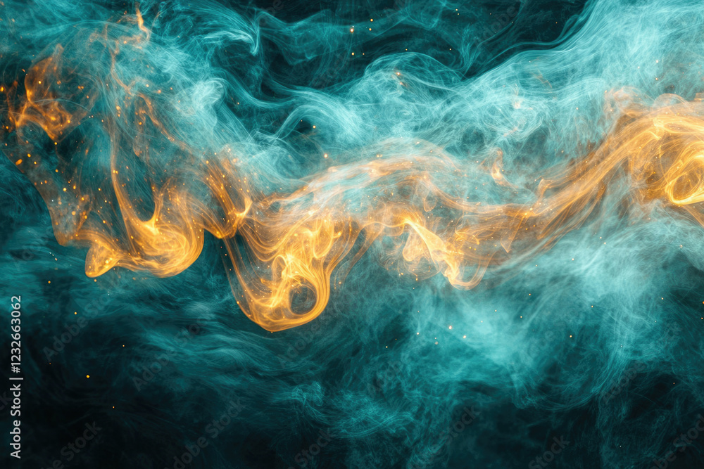 Aufkleber abstract art depicting swirling teal and gold smoke with glittering particles, creating a cosmic or 