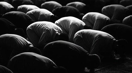 Fototapeta premium A sea of faith: Muslims in prayer, a powerful monochrome depiction of devotion and community during prayer.