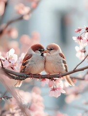  Adorable Sparrow Chicks Resting Among Blooming Pink trees Blossoms on a Sunny Spring Day in a Garden. spring time concept, copy space