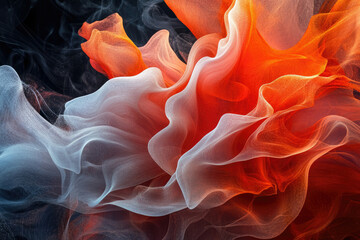 Obraz premium Abstract artwork depicting flowing, translucent fabrics in shades of orange and white, resembling smoke or clouds.