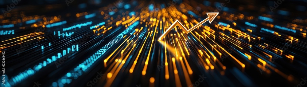 Poster a dynamic abstract representation of data flow, featuring vibrant blue and orange lines converging t