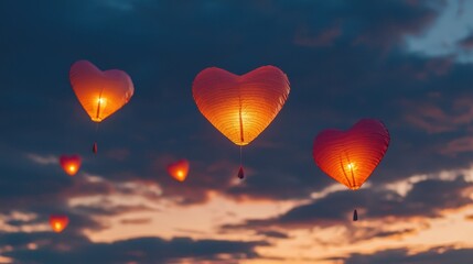 Obraz premium Pink and Red Heart Lanterns at Dusk