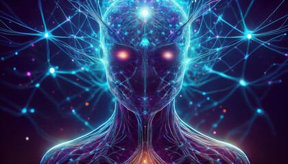 Visionary Depiction of a Cybernetic Network in the Year , Showcasing an Interconnected Synthetic Mind and Artificial Intelligence, Bathed in Neon Hues.