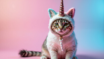 Adorable Tabby Cat in Unicorn Costume Pink Blue Background Fantasy Pet Portrait