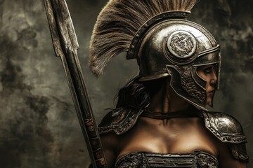 Fototapeta premium Warrior in detailed armor stands proudly with spear against dramatic backdrop showcasing strength and heritage