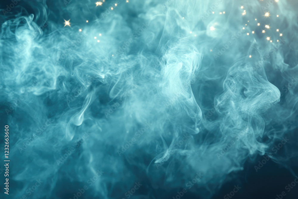 Poster abstract teal smoke swirls with bokeh lights, creating a dreamy, ethereal atmosphere.