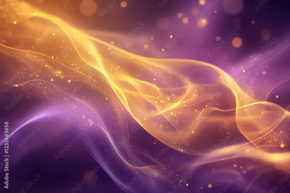 Poster abstract background with golden and purple flowing particles and bokeh lights.