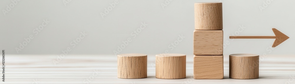 Poster a minimalist arrangement of wooden blocks showing growth potential with an arrow indicating directio