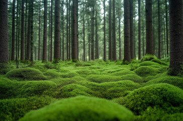 Fototapeta premium Moss-covered ground in the forest, surrounded by tall trees. 