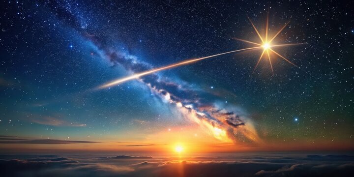 A solitary shooting star streaks across a vast expanse of star-studded sky
