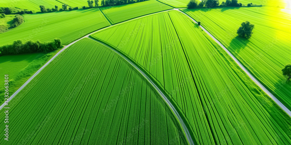 Poster aerial view of lush green farmland with geometric patterns created by crops and winding dirt paths. 