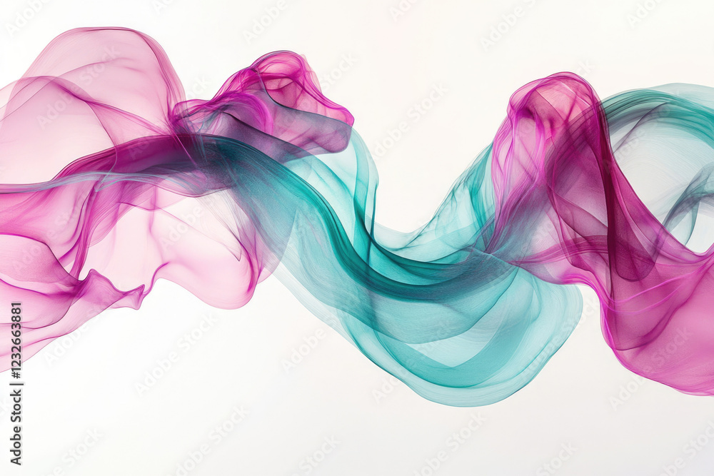 Aufkleber Abstract artwork featuring flowing teal and pink translucent fabric, creating a dynamic and elegant visual.