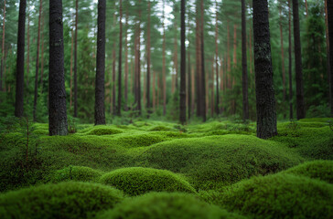 Fototapeta premium Moss-covered ground in the forest, surrounded by tall trees. 