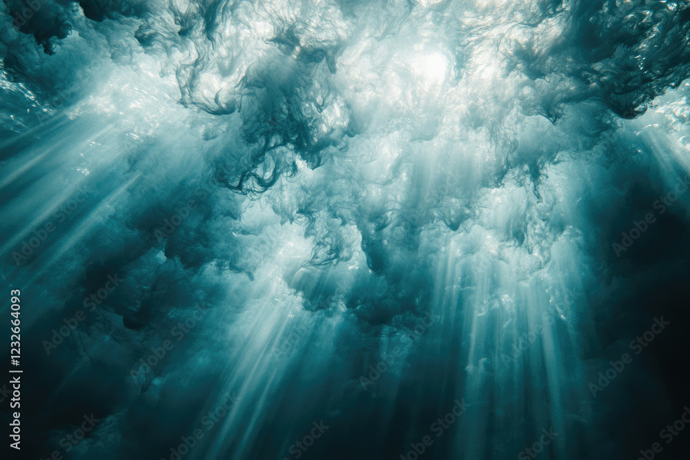 Poster Sunbeams pierce the deep ocean, illuminating swirling particles and creating a mystical underwater scene.