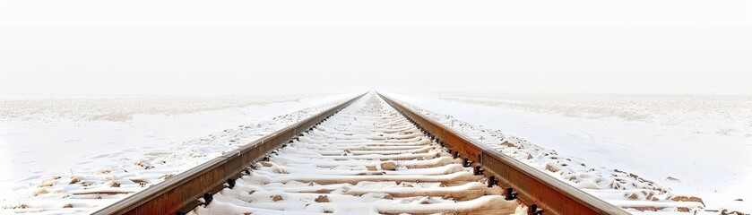 A tranquil railway track disappears into a foggy, white horizon, surrounded by snow, creating a serene and isolated atmosphere.