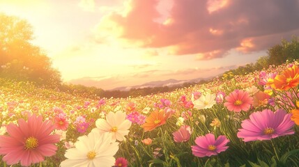 Fototapeta premium Sunset Cosmos Field, Hillside Bloom, Vibrant Colors, Peaceful Landscape, Nature Background