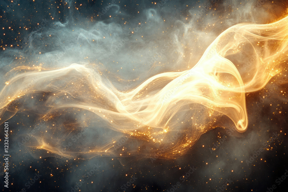 Poster golden cosmic smoke swirls in a dark space, illuminated by glittering particles.