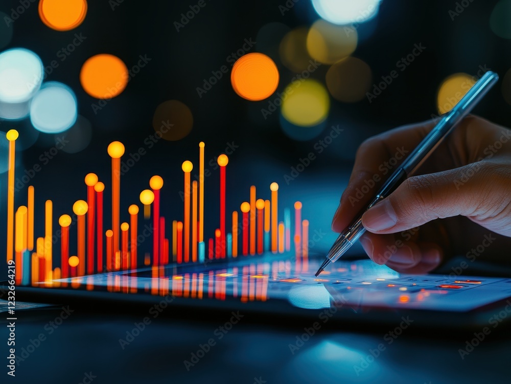 Poster a hand holds a stylus, analyzing colorful data visualizations on a tablet, with blurred lights in th