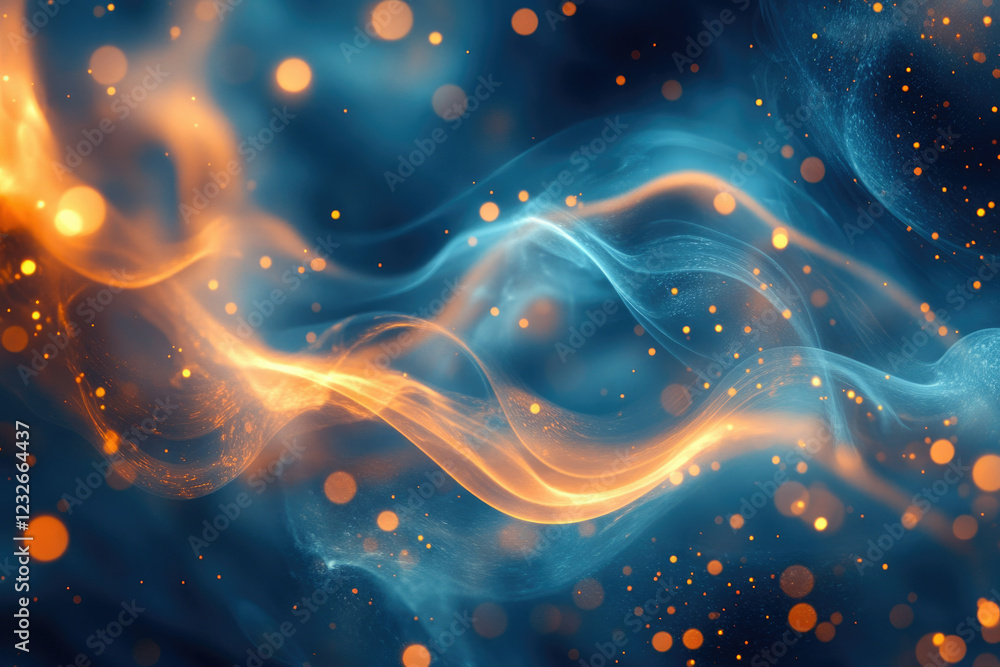 Poster abstract image with flowing blue and orange energy waves, sparkling particles and bokeh lights.