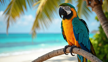 Vibrant Blue and Gold Macaw Parrot on Tropical Beach Palm Tree Branch