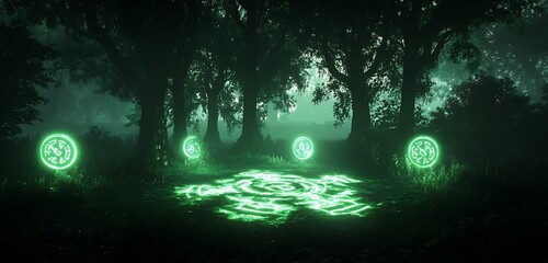 Fototapeta premium A dark forest clearing lit by eerie green light with strange symbols glowing on the ground