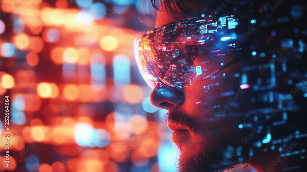 Poster man wearing futuristic goggles with digital data overlay in a bright red and blue neon lit setting