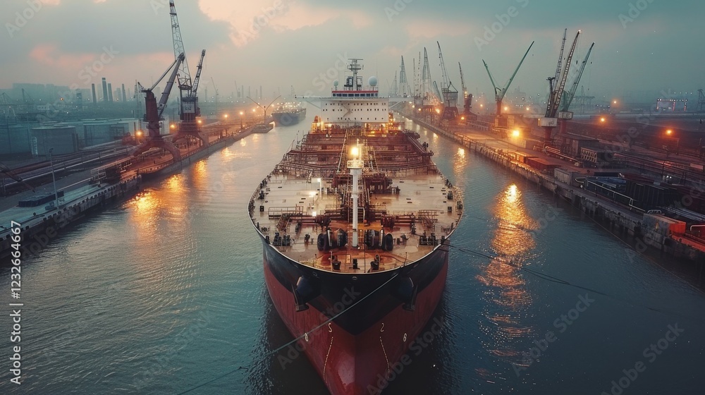 Aufkleber A large cargo ship is securely docked at a bustling industrial port at twilight. Surrounding cranes and lights create a vibrant atmosphere, emphasizing the busy harbor activity.