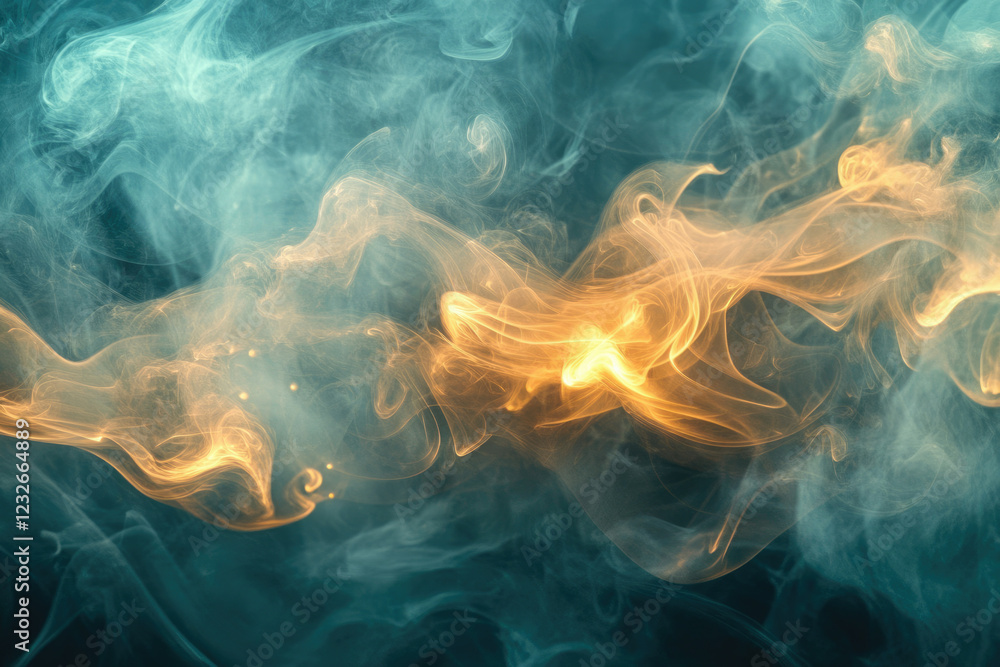 Poster Abstract image of swirling teal and gold smoke, creating a dynamic and ethereal visual effect.