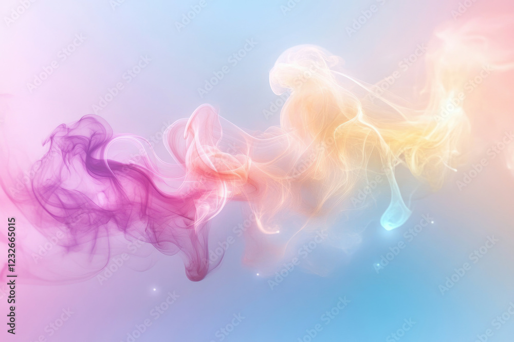 Poster abstract pastel-colored smoke swirls on a soft blue background, creating a dreamy and ethereal atmos