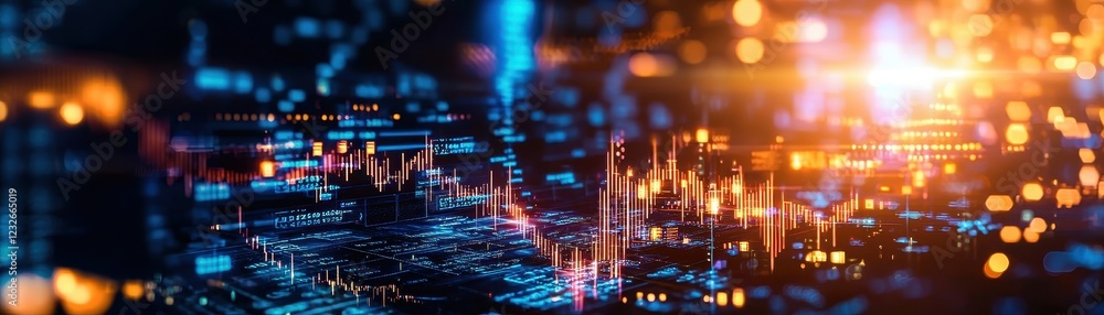 Poster a vibrant digital landscape featuring glowing data streams and waveforms, illustrating technology an