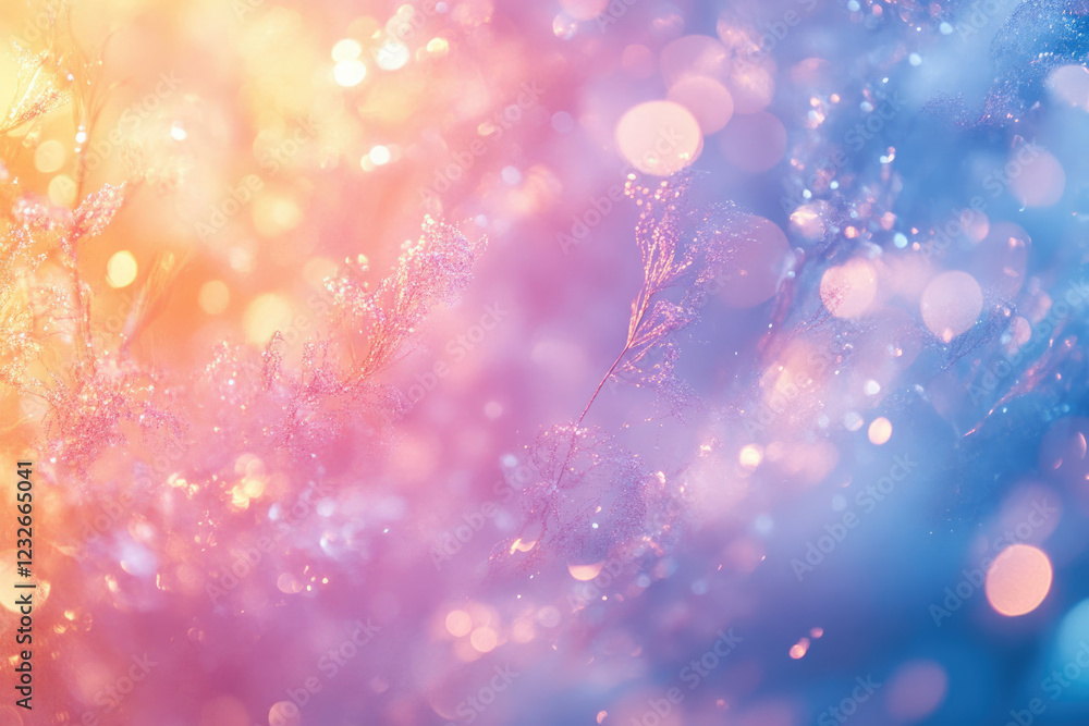 Poster pastel-colored bokeh background with delicate, glittering plants, creating a dreamy, magical atmosph