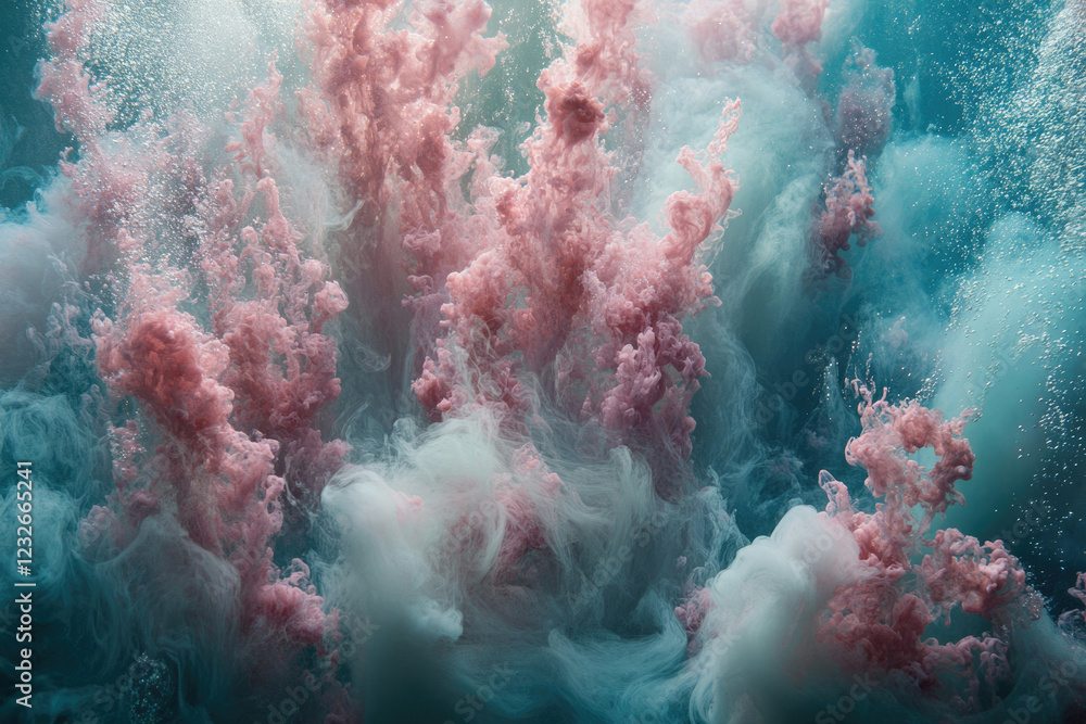 Poster abstract underwater image of pink and white ink clouds swirling in teal water, creating a dreamy, et