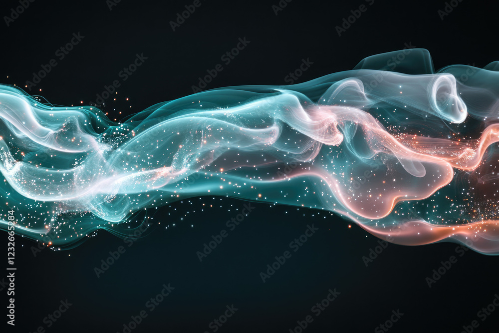 Poster abstract swirling teal and peach smoke with glowing particles on a dark background.