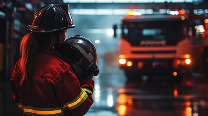 Obraz premium Firefighter holding helmet, firetruck in background, station