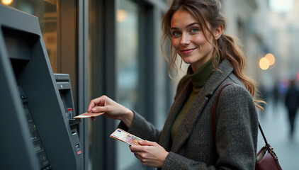 A Dutch blooded woman  withdrawing Euro banknotes from a modern outdoor ATM