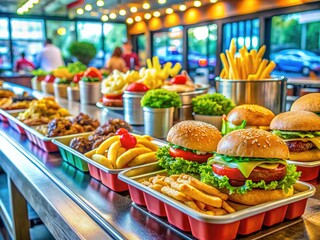 Fototapeta premium Scenic stops & satisfying snacks: American diner fare & fast food for the road.