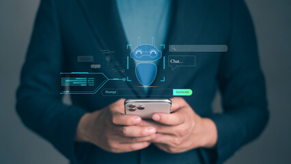Business man holding AI intelligent technology concept : User learning education digital data  by robot machine new  idea search  information, conversation, engine, chat, generator...