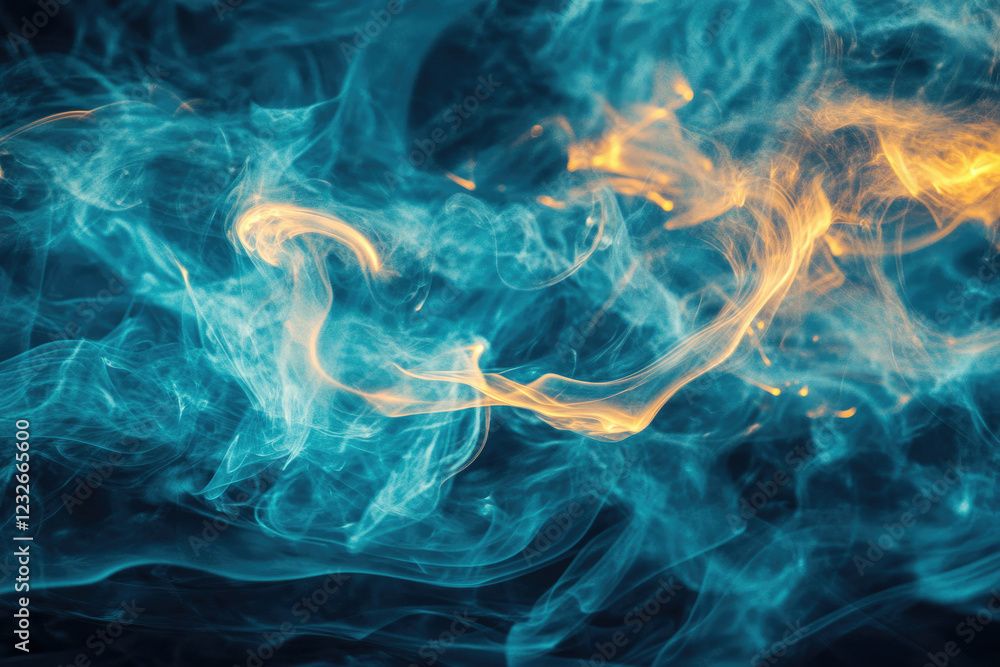 Poster abstract art of swirling teal and gold smoke, creating a mesmerizing and ethereal visual.
