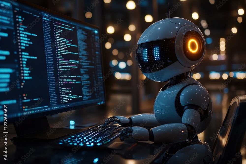 Poster futuristic robot engaged in programming at a high-tech workspace during evening hours