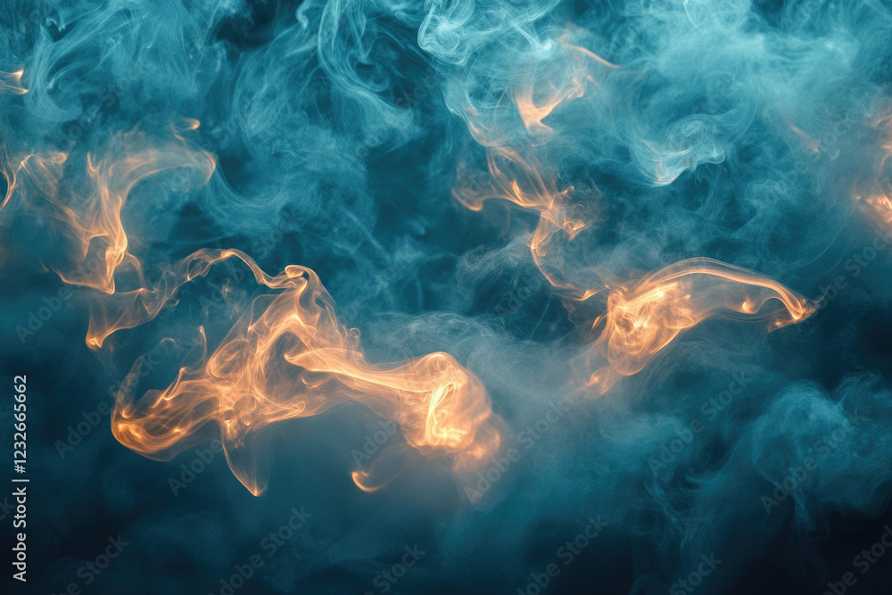 Poster abstract image of swirling teal and orange smoke, creating a ethereal and dreamy atmosphere.