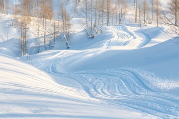 Obraz premium A serene winter landscape featuring snow-covered hills and subtle tree outlines, creating a peaceful and chilly atmosphere.