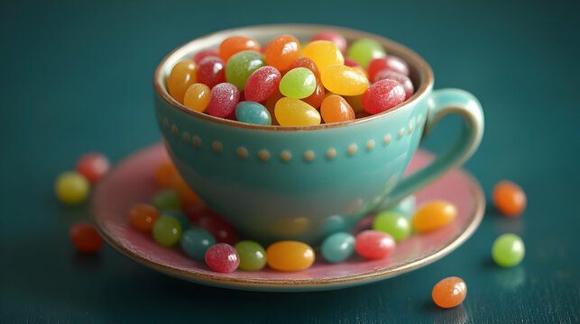 Colorful Jelly Beans in Teal Teacup on Pink Saucer