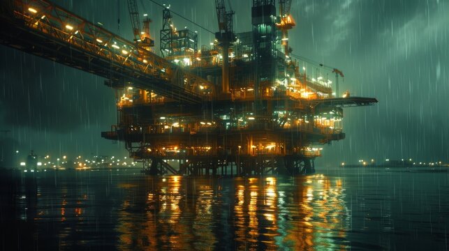 An offshore oil rig stands illuminated against the stormy night sky, with rain pouring down and creating reflections on the water's surface, highlighting industrial operations under adverse weather.