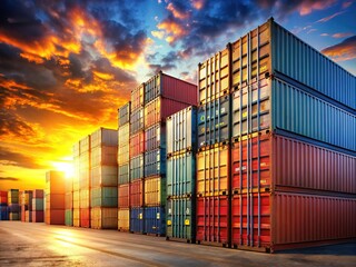 Fototapeta premium Port containers ablaze in sunset hues, a photorealistic scene.