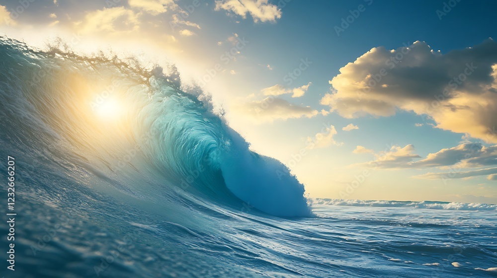 Poster Sunset illuminates a crashing ocean wave against a serene backdrop of clouds and water.