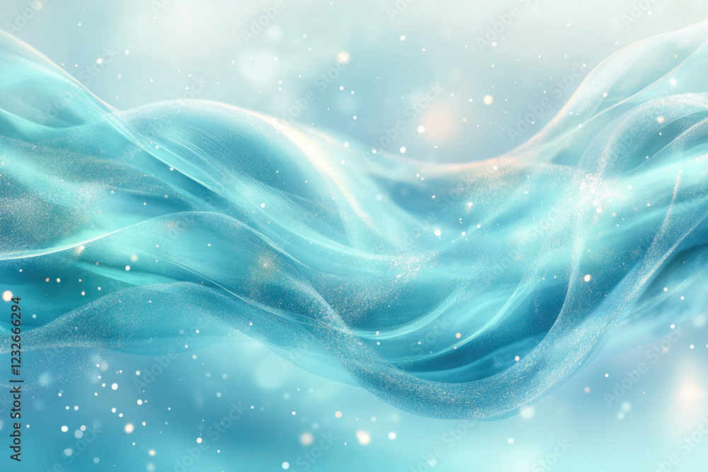 Aufkleber Abstract image of flowing turquoise waves with sparkling glitter and bokeh lights, evoking serenity and winter magic.